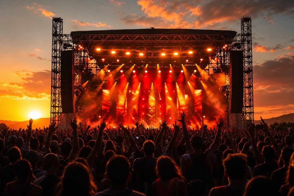 Outdoor summer concert crowd at sunset